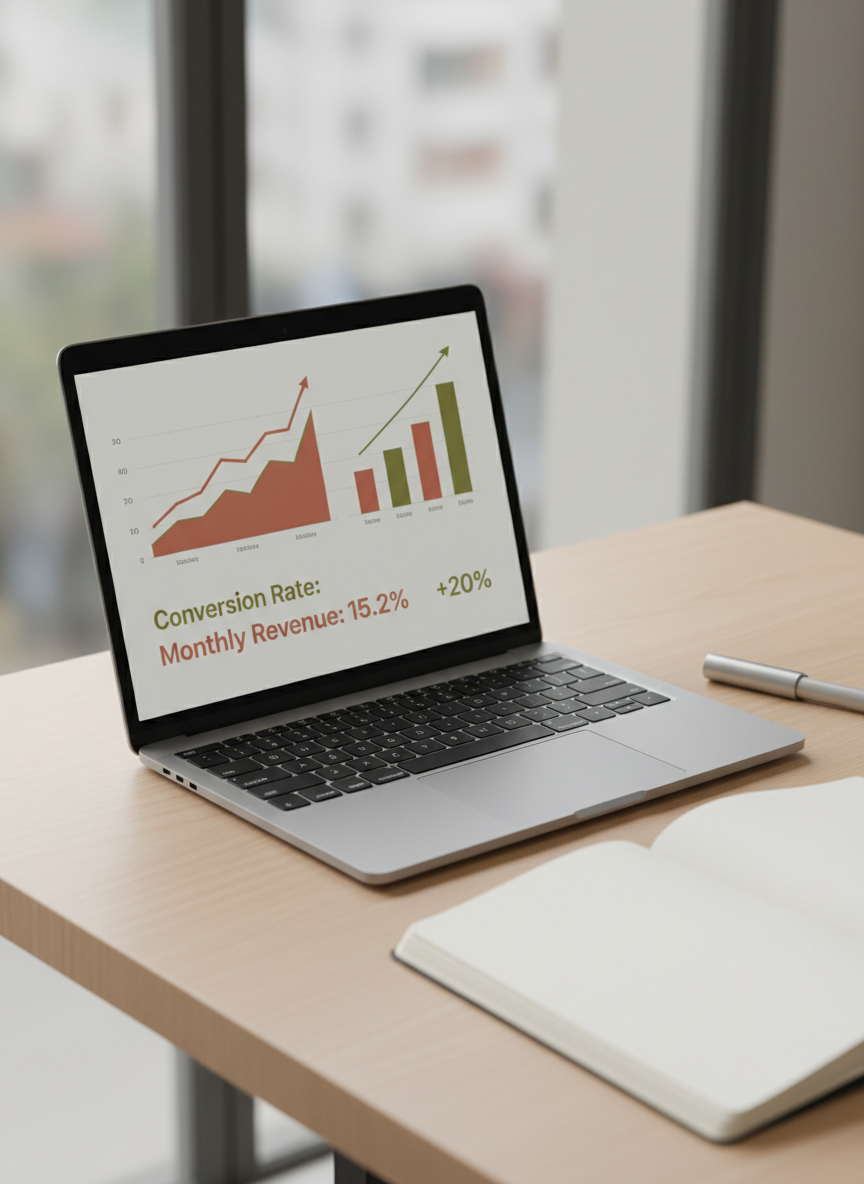 Laptop mit sauberem Daten-Dashboard und steigenden Performance-Kurven auf einem hellen Schreibtisch.